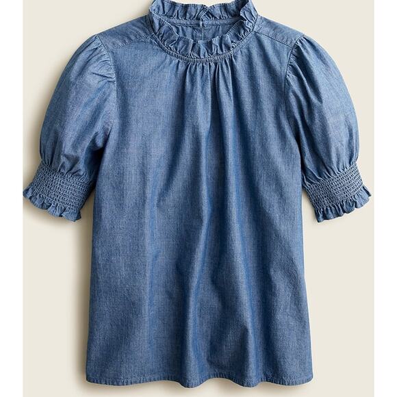 J Crew Smocked puff-sleeve top in chambray - Picture 1 of 9